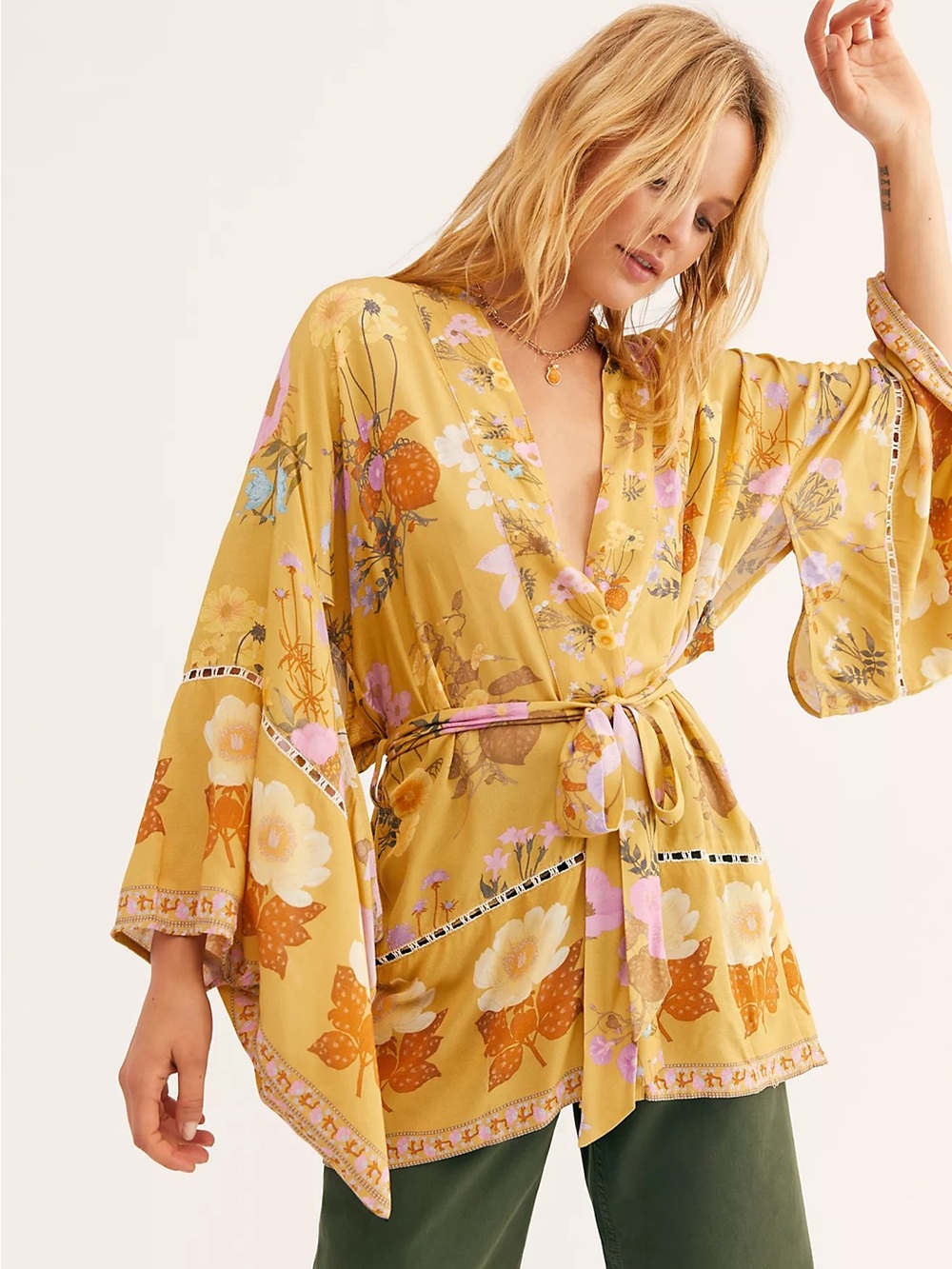 Spell Wild Bloom Short Kimono in Mustard, Size S/M